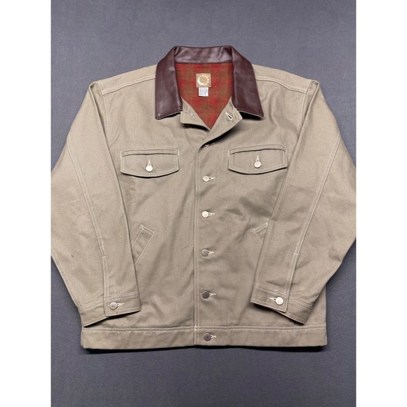 Marlboro Canvas Chore Jacket Leather Collar Western Workwear Barn Coat Medium - Picture 1 of 9